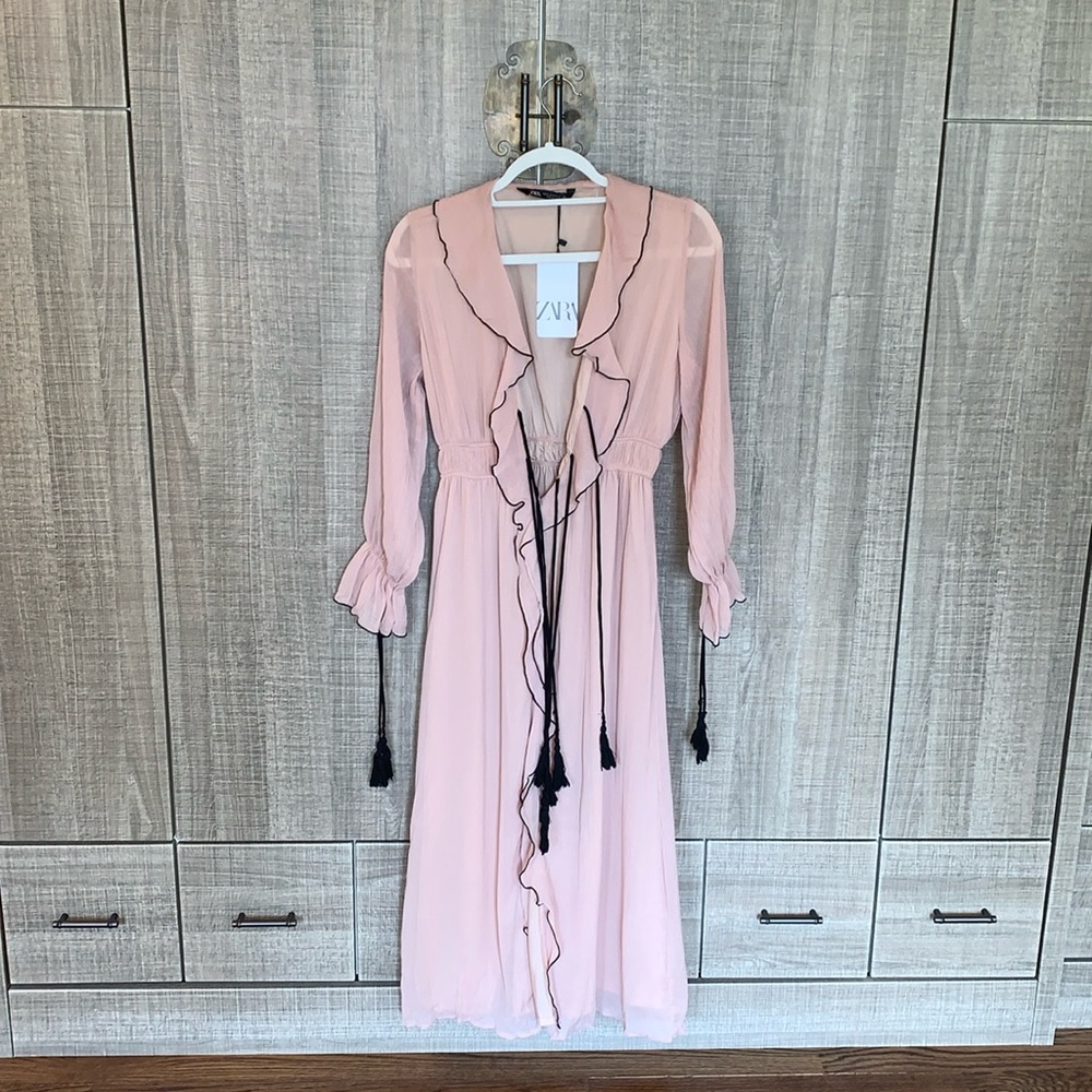 Zara V-neck Dress With Ruffles And Long Sleeves